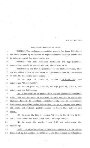 81st Texas Legislature, House Concurrent Resolution, House Bill 283