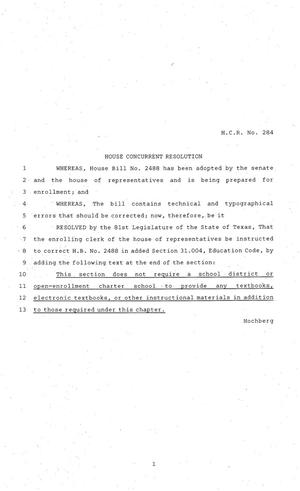 81st Texas Legislature, House Concurrent Resolution, House Bill 284