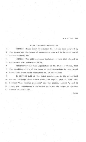 81st Texas Legislature, House Concurrent Resolution, House Bill 285