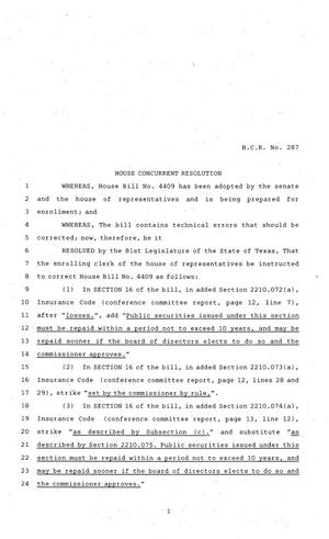 81st Texas Legislature, House Concurrent Resolution, House Bill 287