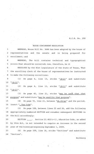 81st Texas Legislature, House Concurrent Resolution, House Bill 290