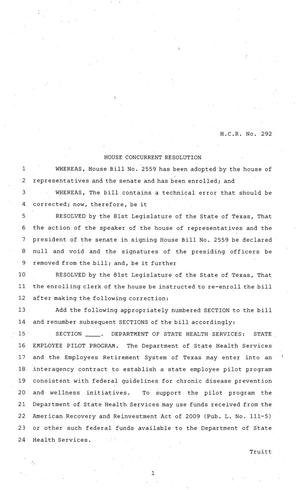 81st Texas Legislature, House Concurrent Resolution, House Bill 292