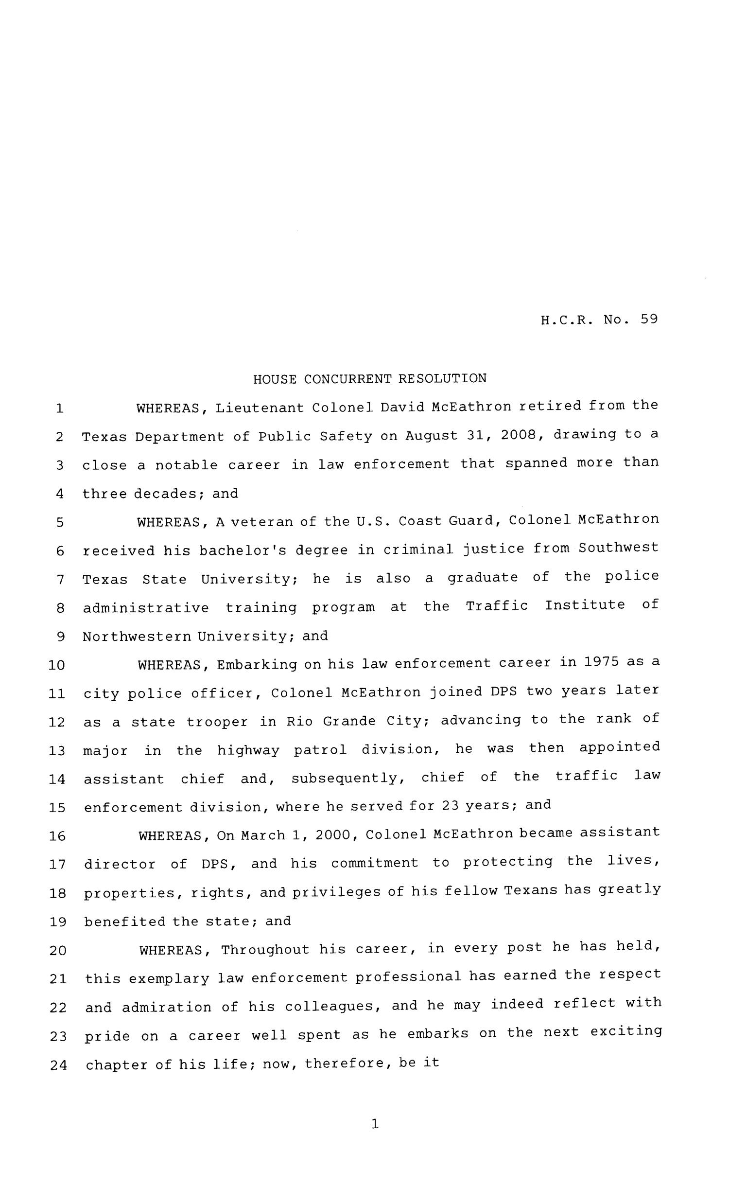 81st Texas Legislature, House Concurrent Resolution, House Bill 59
                                                
                                                    [Sequence #]: 1 of 4
                                                