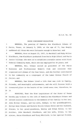 81st Texas Legislature, House Concurrent Resolution, House Bill 82