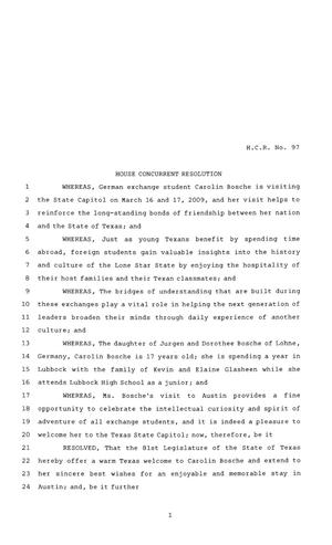 81st Texas Legislature, House Concurrent Resolution, House Bill 97
