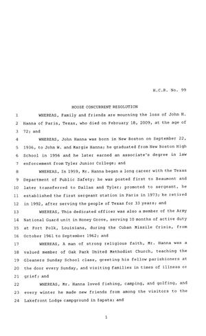 Primary view of object titled '81st Texas Legislature, House Concurrent Resolution, House Bill 99'.