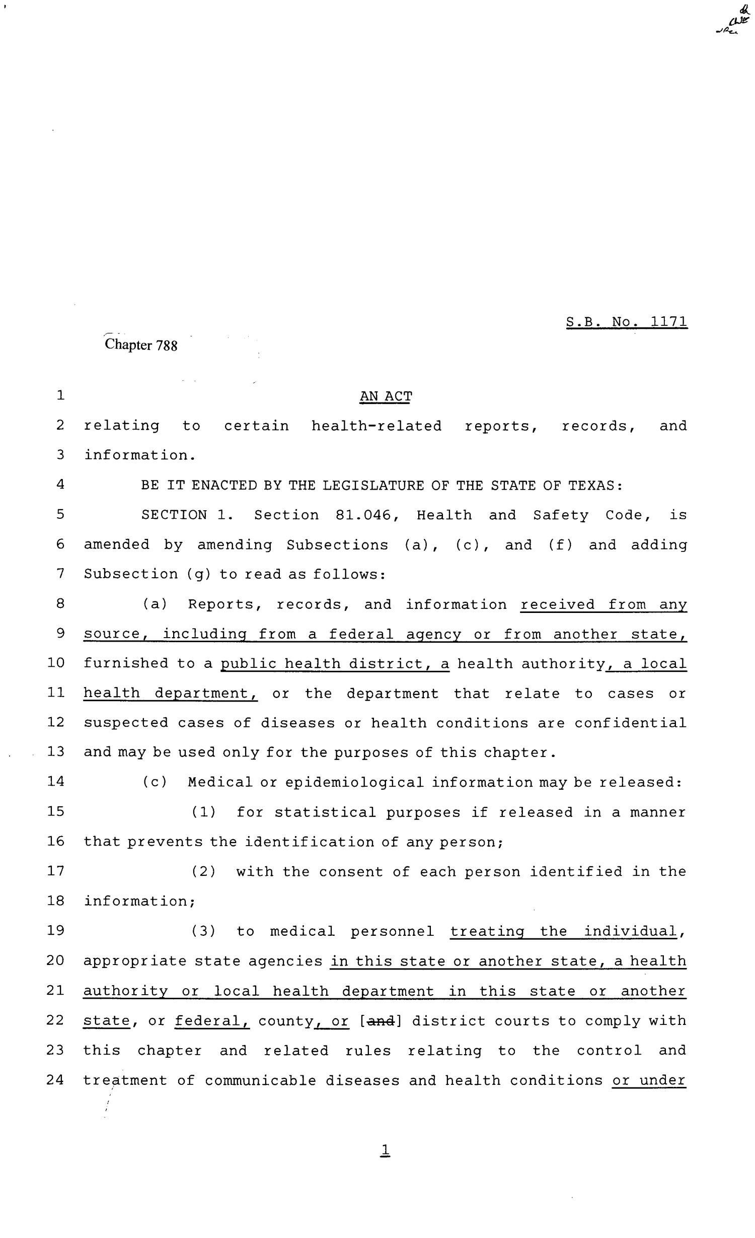81st Texas Legislature, House Bill 1171, Chapter 788
                                                
                                                    [Sequence #]: 1 of 5
                                                