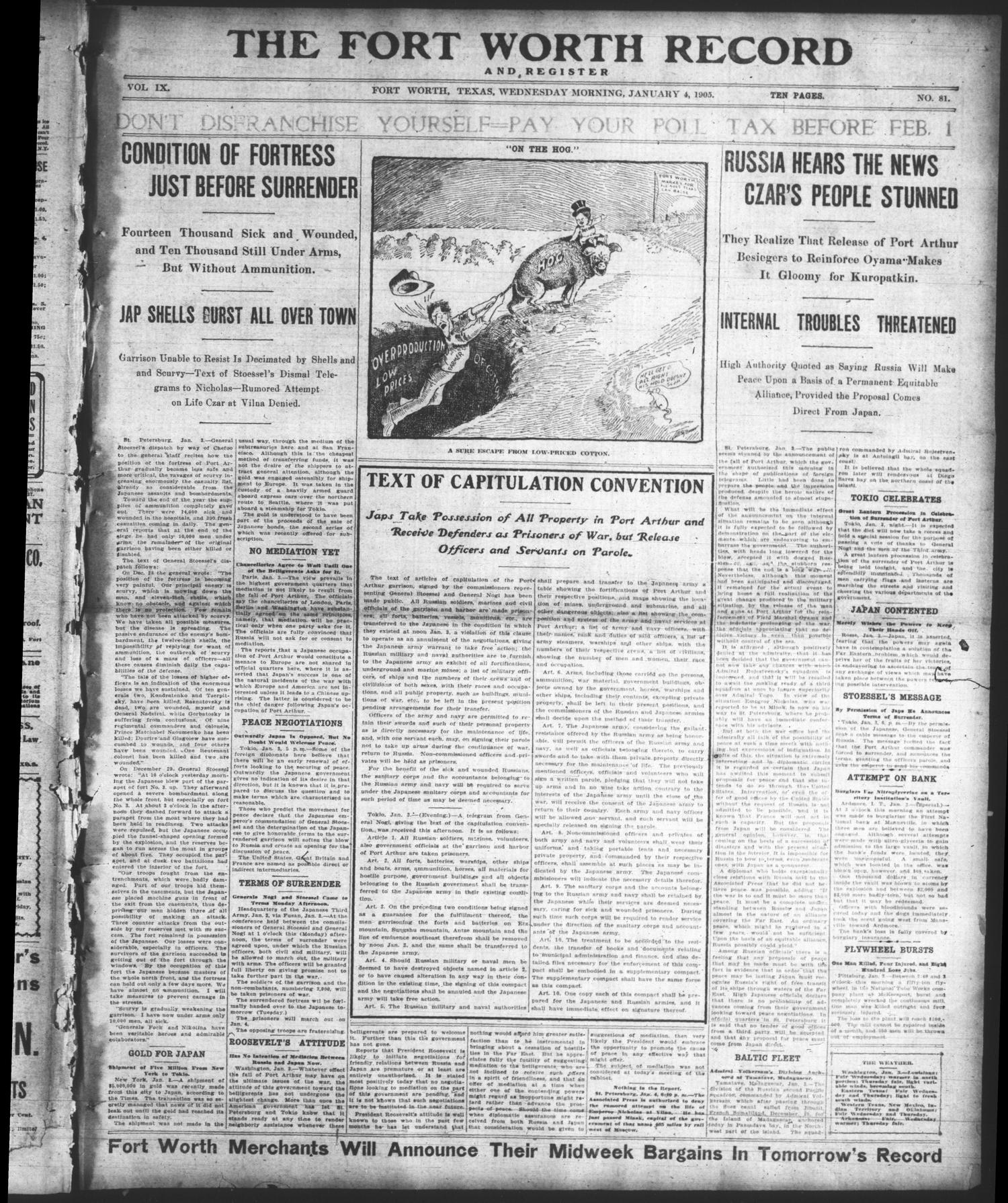 The Fort Worth Record and Register (Fort Worth, Tex.), Vol. 9, No. 81, Ed. 1 Wednesday, January 4, 1905
                                                
                                                    [Sequence #]: 1 of 10
                                                