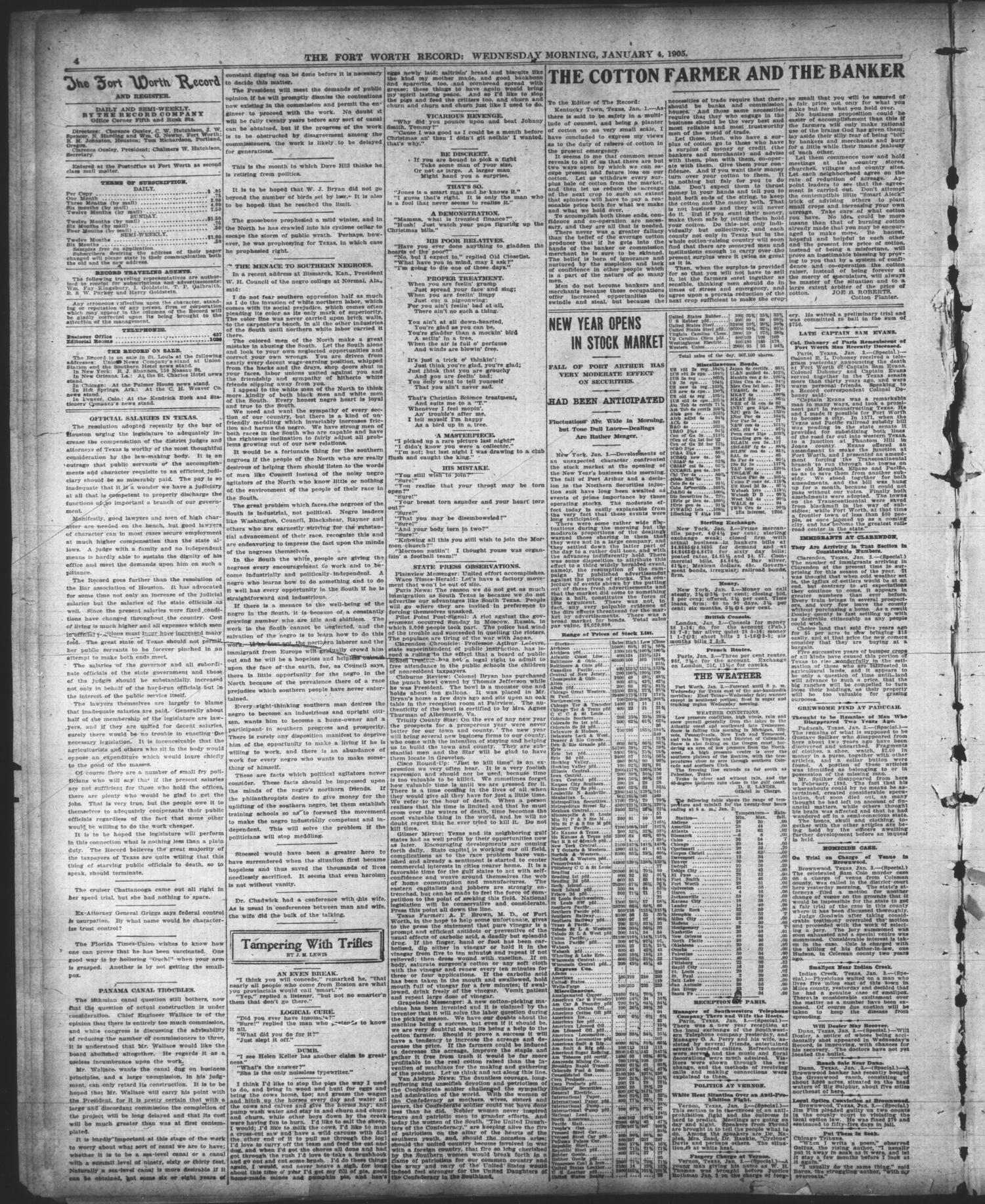 The Fort Worth Record and Register (Fort Worth, Tex.), Vol. 9, No. 81, Ed. 1 Wednesday, January 4, 1905
                                                
                                                    [Sequence #]: 4 of 10
                                                