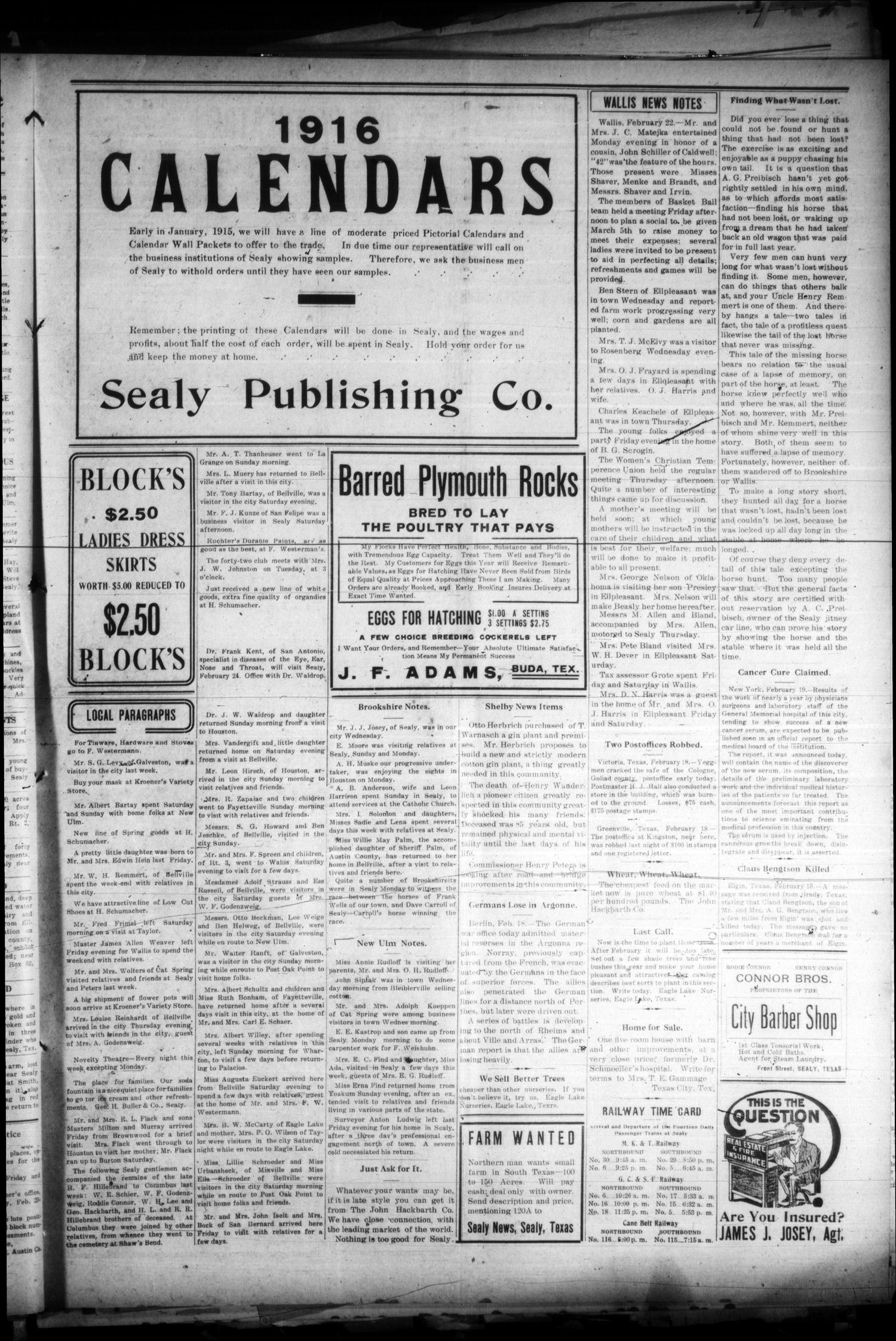 The Sealy Semi-Weekly News (Sealy, Tex.), Vol. 28, No. 34, Ed. 1 Monday, February 22, 1915
                                                
                                                    [Sequence #]: 3 of 4
                                                