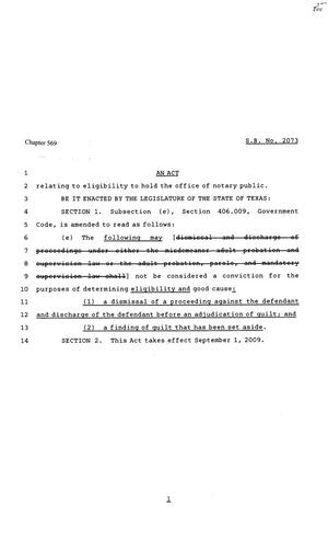 Primary view of object titled '81st Texas Legislature, Senate Bill 2073, Chapter 14'.