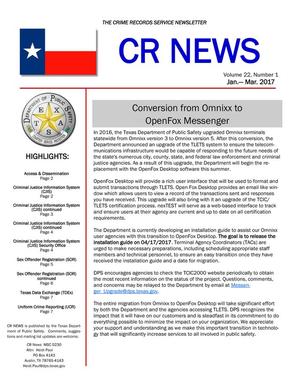 Primary view of object titled 'CR News, Volume 22, Number 1, January-March 2017'.