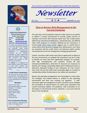 Credit Union Department Newsletter, Number 09-20, September 2020