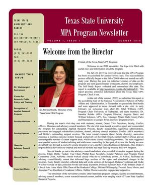 Primary view of object titled 'Texas State University MPA Program Newsletter, Volume 1, Number 1, August 2010'.