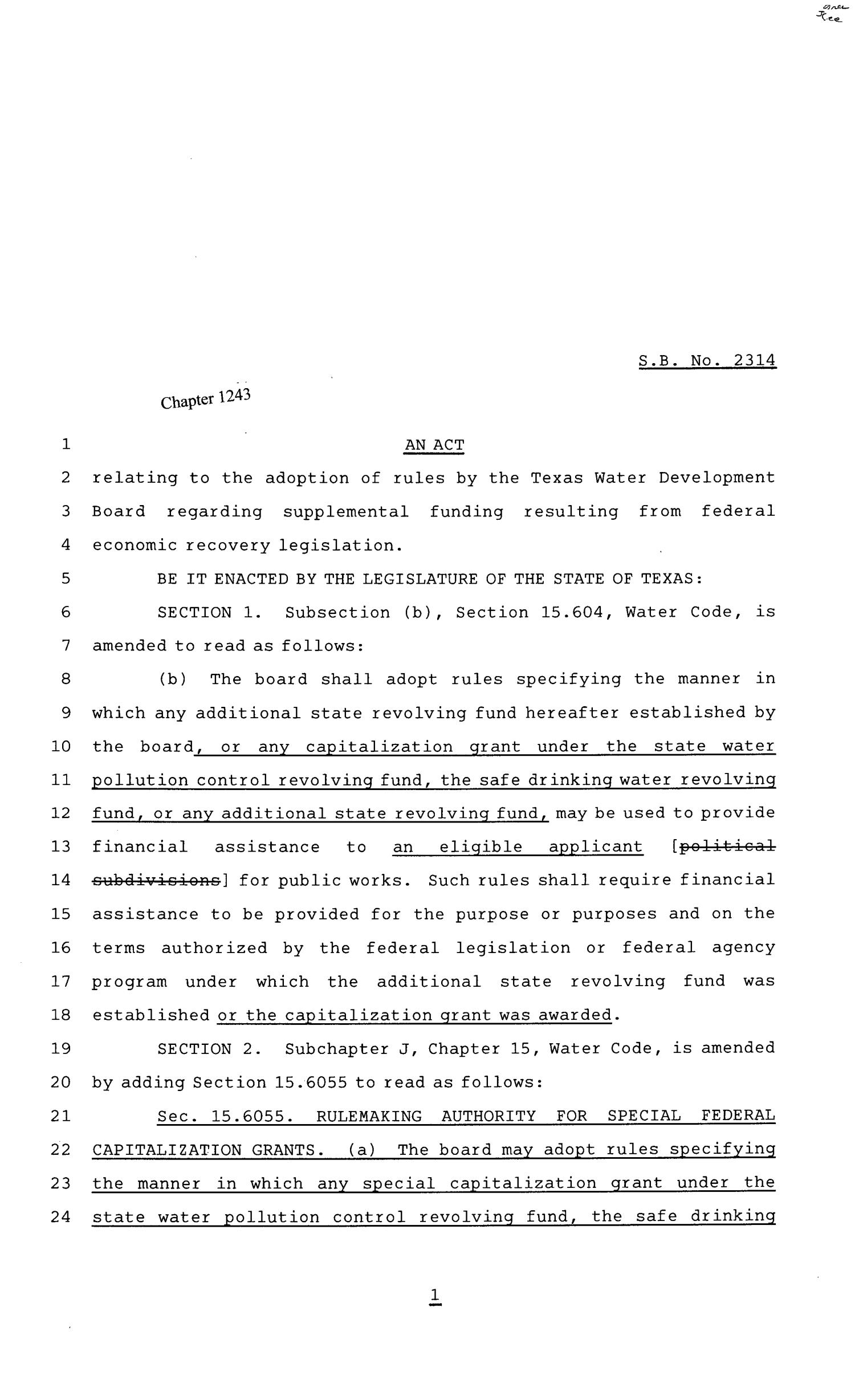 81st Texas Legislature, Senate Bill 2314, Chapter 1243
                                                
                                                    [Sequence #]: 1 of 4
                                                