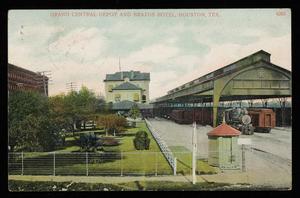 Primary view of object titled '[Postcard of Grand Central Depot and Brazos Hotel]'.