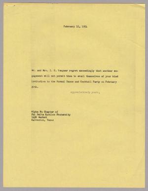 [Letter from I. H. Kempner to Phi Delta Epsilon Fraternity, February 15, 1954]