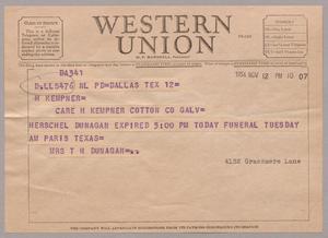 [Telegram from Mrs. T. H. Dunagan to Harris Kempner, November 12, 1954]
