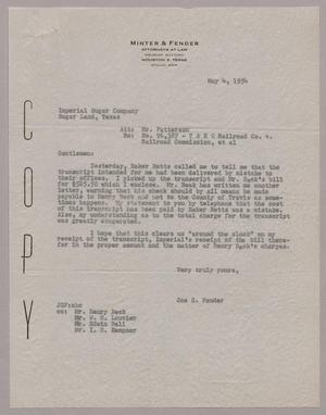 [Letter from Joe G. Fender to Imperial Sugar Company, May 4, 1954]