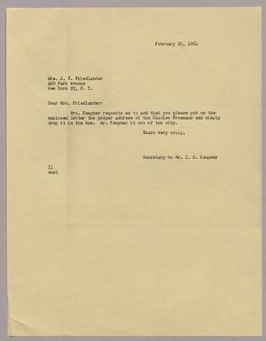 [Letter from I. H. Kempner to J. T. Friedlander, February 25, 1954]