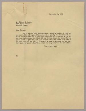 [Letter from Isaac H. Kempner to Wilton D. Cohen, September 1, 1954]