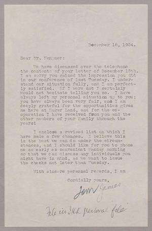 [Letter from Tom James to Isaac H. Kempner, December 18, 1954]