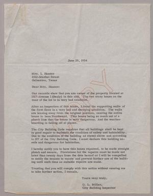 [Letter from O. L. Miller to Mrs. I. Hauser, June 29, 1954]