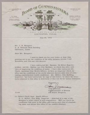[Letter from Tom Juneman to Isaac H. Kempner, June 24, 1954]