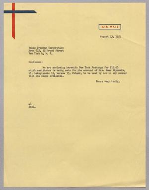 [Letter from A. H. Blackshear, Jr. to the Pekao Trading Corporation, August 13, 1954]