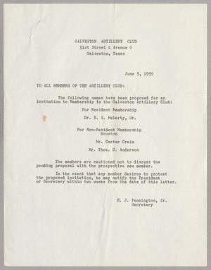 [Letter from Galveston Artillery Club, June 5, 1959]