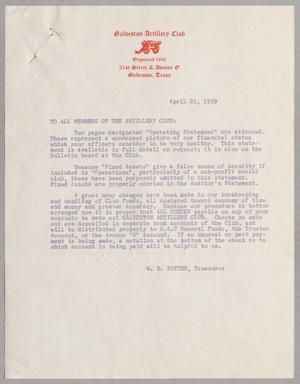 [Letter from Galveston Artillery Club, April 21, 1959]