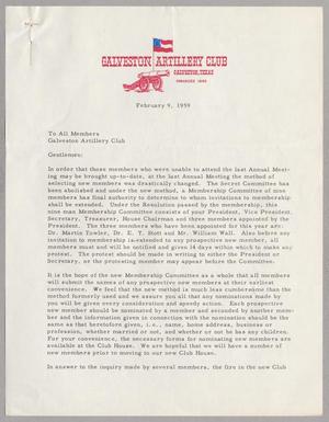 [Letter from Galveston Artillery Club, February 9, 1959]