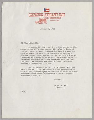 [Letter from Galveston Artillery Club, January 7, 1959]