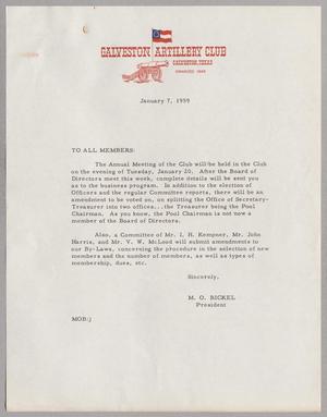 [Letter from Galveston Artillery Club, January 7, 1959, #2]