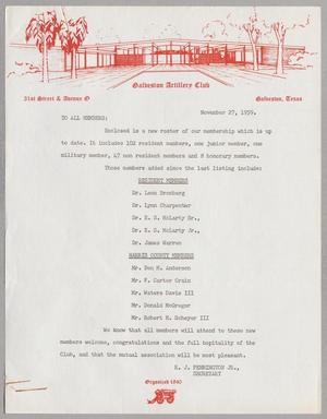 [Letter from Galveston Artillery Club, November 27, 1959]