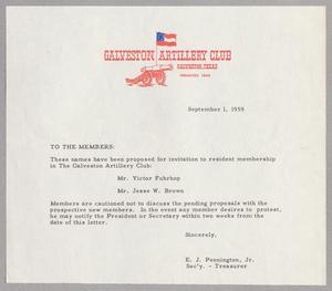 [Letter from Galveston Artillery Club, September 1, 1959]