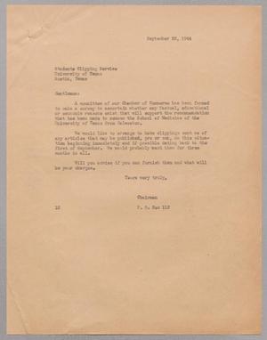 Primary view of object titled '[Letter from I. H. Kempner to Students Clipping Service, September 28, 1944]'.