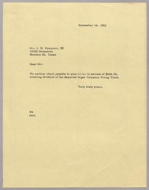 [Letter from T. E. Taylor to Isaac Herbert Kempner, III, September 14, 1962]