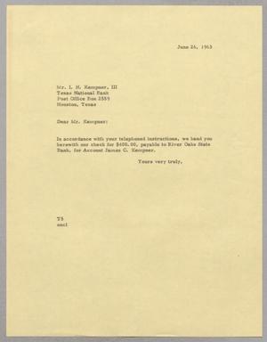 [Letter from T. E. Taylor to Isaac Herbert Kempner, III, June 26, 1963]