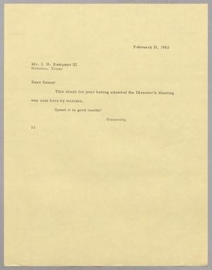 [Letter from Harris Leon Kempner to Isaac Herbert Kempner, III, February 21, 1963]
