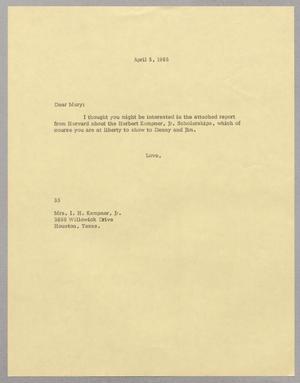 [Letter from Harris Leon Kempner to Mary Josephine Kempner, April 5, 1965]