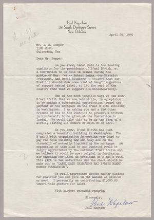 [Letter from Paul Kapelow to Mr. I. H. Kempner, April 29, 1959]