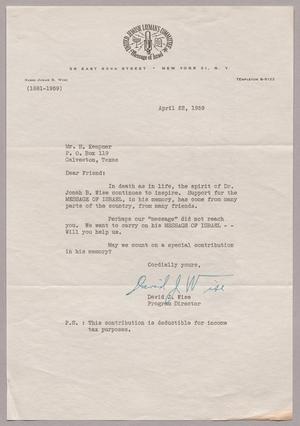 [Letter from David J. Wise to Mr. H. Kempner, April 22, 1959]