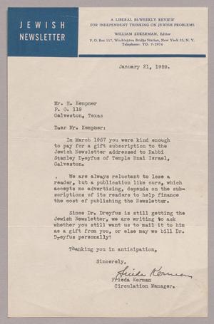 [Letter from Frieda Kerman to Mr. I. H. Kempner, January 21, 1959]