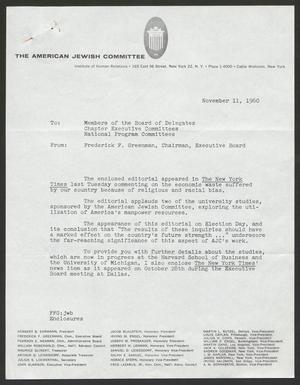 [Letter from Frederick F. Greenman, November 11, 1960]