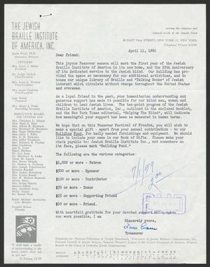[Letter from The Jewish Braille Institute of America, Inc., April 11, 1960]