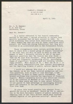 [Letter from Clarence A. Peters to Mr. Isaac H. Kempner, April 4, 1960]