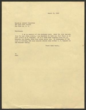 [Letter from I. H. Kempner, March 31, 1960]