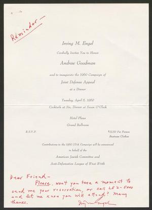 [Invitation from Irving M. Engel to 1960 Campaign of Joint Defense Appeal Dinner]