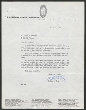 [Letter from Milton W. King to I. H. Kempner, March 18, 1960]